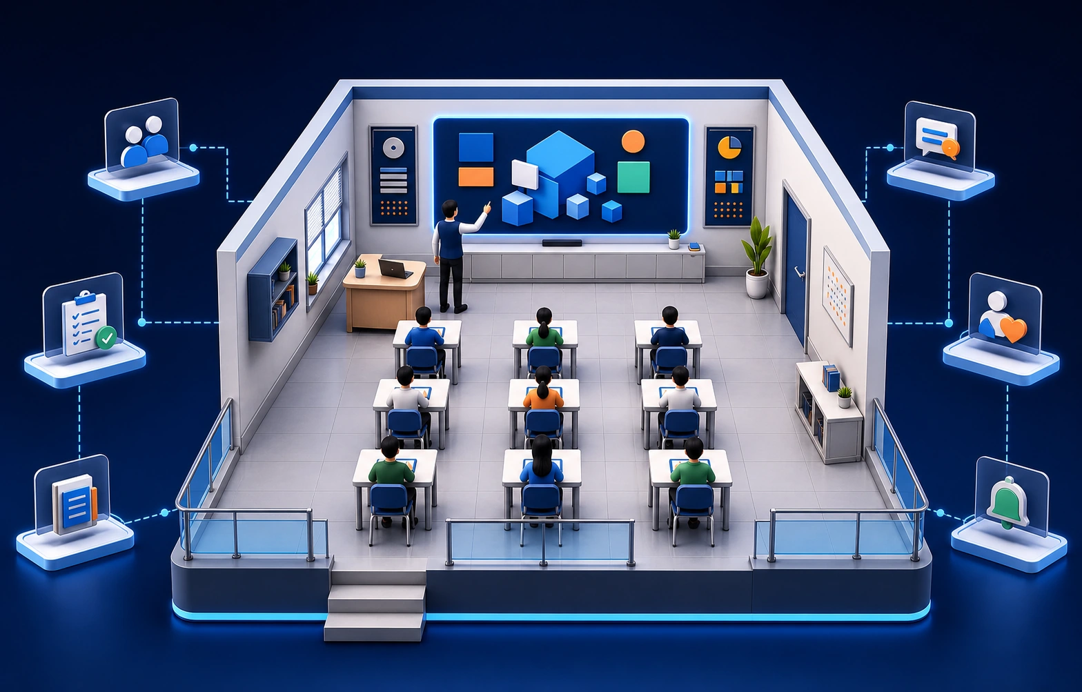 3D classroom operations view connecting teaching, attendance, assignments, learner support and communication